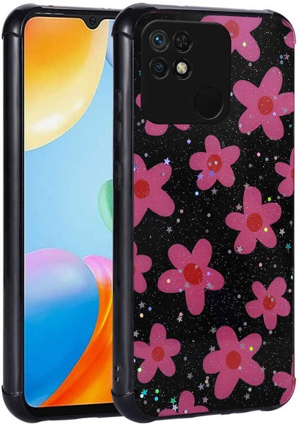 - Xiaomi Redmi 10C - Kılıf Simli Desenli Kamera Korumalı Parlak Popy Kapak - Çiçek - T23663
