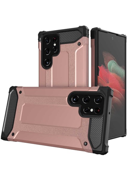 - Samsung Galaxy S22 Ultra - Kılıf Çift Katman Zırh Tank Crash Military Kapak - Rose Gold - T20112