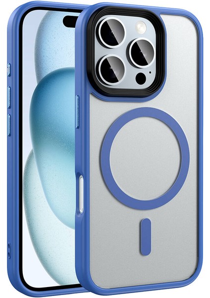 Apple iPhone 16 Pro Kılıf Mat Arka Yüzey Wireless Şarj Özellikli Zore Flet Magsafe Kapak, Mavi