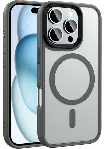 Apple iPhone 16 Pro Kılıf Mat Arka Yüzey Wireless Şarj Özellikli Zore Flet Magsafe Kapak, Titanyum-Gri