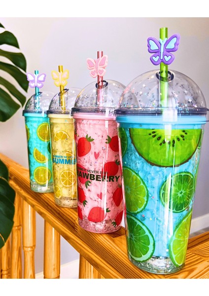 Suluk Pipetli Meyve Görselli LED Işıklı 450 ml Çift Katman Mika Su Şişesi 2096 Mavi