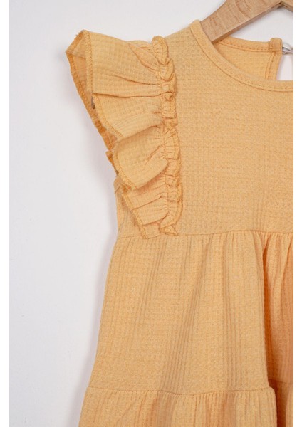 Kolları Fırfırlı Hardal Renk Kız Çocuk Waffle Elbise fiyatları