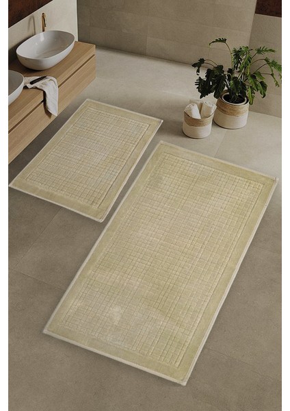 Ekose Desen Pamuklu Klozet Takımı Banyo Paspası Seti 60X100 + 50X60 Bej