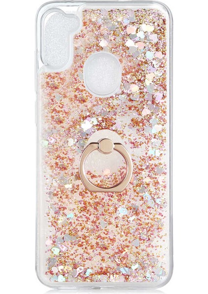 - Samsung Galaxy A11 - Kılıf Yüzüklü Simli Sıvılı Milce Kapak - Gold - T14395