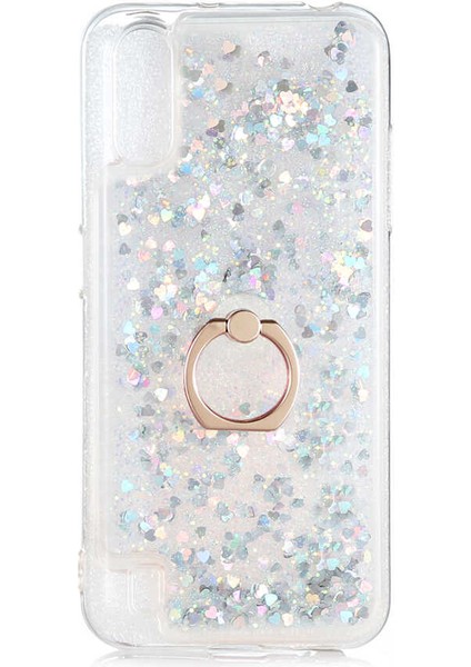 - Samsung Galaxy A01 - Kılıf Yüzüklü Simli Sıvılı Milce Kapak - Gümüş - T14389