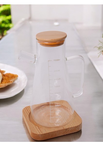 Borosilikat Kare Ahşap Standlı Bambu Vakum Kapaklı Sürahi Yağlık Sirkelik Takımı 2 Parça 1000 ml