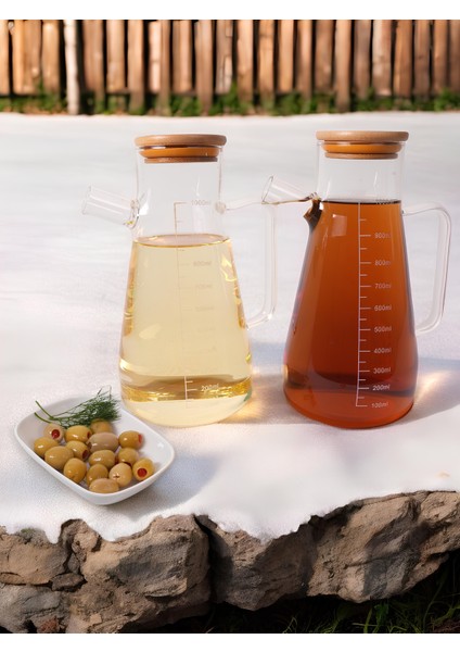 Ikili Borosilikat Bambu Vakum Kapaklı Sürahi Yağlık Sirkelik 1000 ml + 1000ML