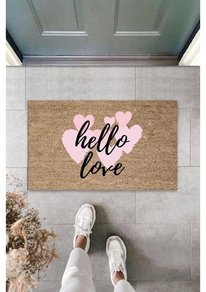 Pembe Kapı Önü Paspası Hello Love Desen K-3291