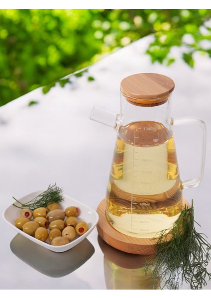 Borosilikat Oval Ahşap Standlı Bambu Vakum Kapaklı Sürahi Yağlık Sirkelik Takımı 2 Parça 1000 ml