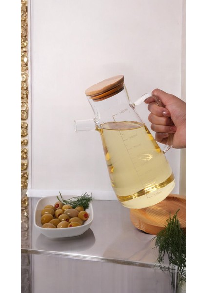 Borosilikat Oval Ahşap Standlı Bambu Vakum Kapaklı Sürahi Yağlık Sirkelik Takımı 2 Parça 1000 ml modelleri