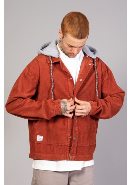 Erkek Kiremit Çıkarılabilir Kapüşonlu Oversize Pamuklu Kadife Ceket