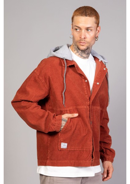 Erkek Kiremit Çıkarılabilir Kapüşonlu Oversize Pamuklu Kadife Ceket modelleri