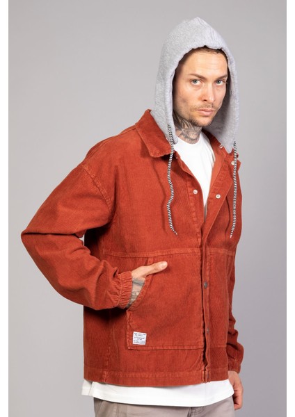 Erkek Kiremit Çıkarılabilir Kapüşonlu Oversize Pamuklu Kadife Ceket fırsatları