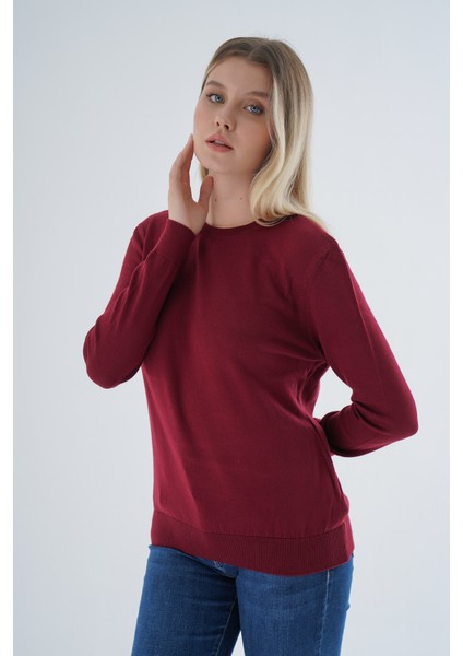 Kadın BORDO %100 Organik Pamuk Bisiklet Yaka Triko Kazak Bluz TRIST-6101