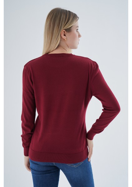 Kadın BORDO %100 Organik Pamuk Bisiklet Yaka Triko Kazak Bluz TRIST-6101 modelleri