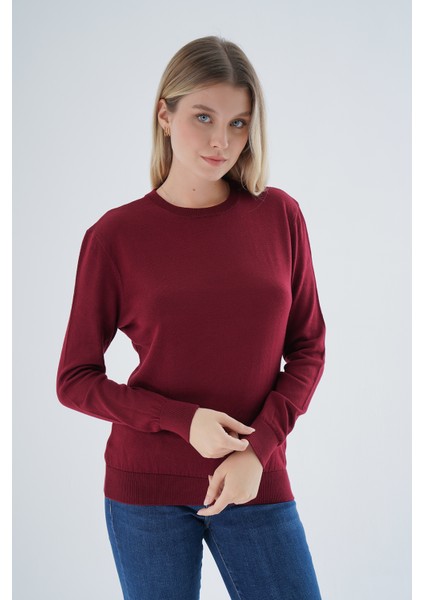 Kadın BORDO %100 Organik Pamuk Bisiklet Yaka Triko Kazak Bluz TRIST-6101 indirimleri
