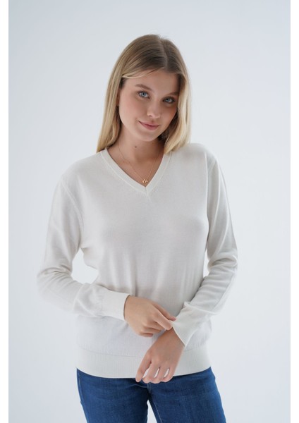 Kadın Ekru %100 Organik Pamuk V Yaka Triko Kazak Bluz TRIST-6102