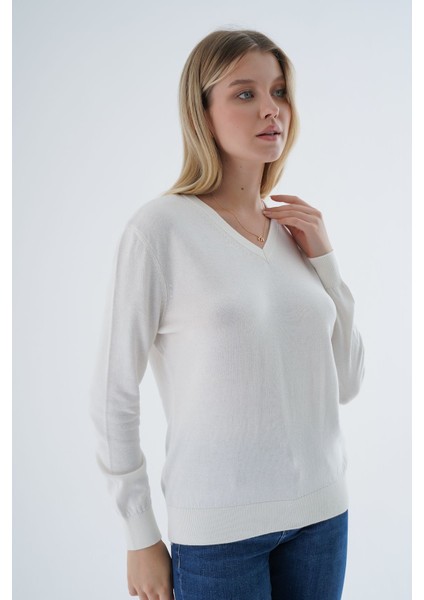 Kadın Ekru %100 Organik Pamuk V Yaka Triko Kazak Bluz TRIST-6102 fiyatları