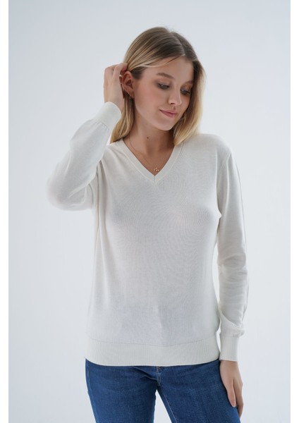 Kadın Ekru %100 Organik Pamuk V Yaka Triko Kazak Bluz TRIST-6102 modelleri