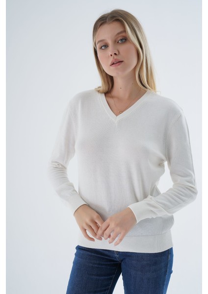 Kadın Ekru %100 Organik Pamuk V Yaka Triko Kazak Bluz TRIST-6102 fırsatları