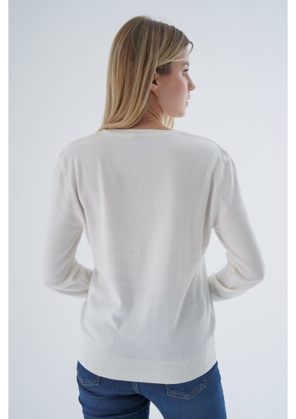 Kadın Ekru %100 Organik Pamuk V Yaka Triko Kazak Bluz TRIST-6102 indirimleri