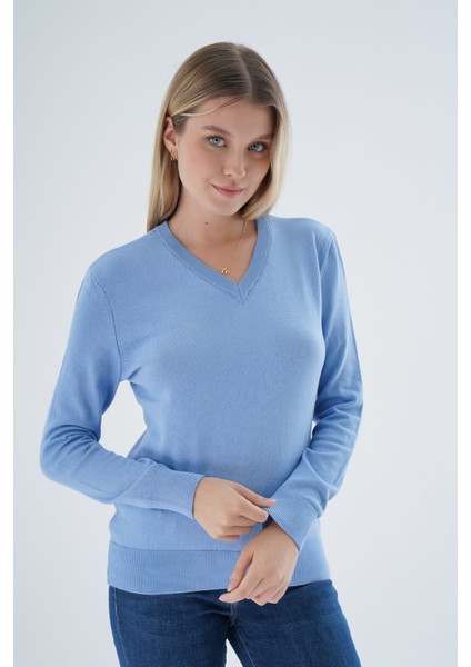 Kadın Mavi %100 Organik Pamuk V Yaka Triko Kazak Bluz TRIST-6102