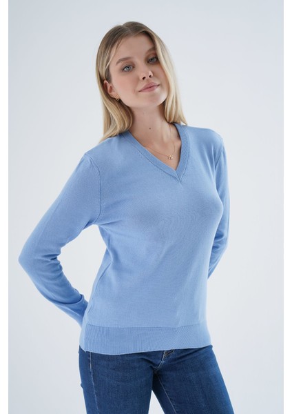 Kadın Mavi %100 Organik Pamuk V Yaka Triko Kazak Bluz TRIST-6102 fiyatları