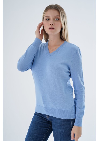 Kadın Mavi %100 Organik Pamuk V Yaka Triko Kazak Bluz TRIST-6102 modelleri