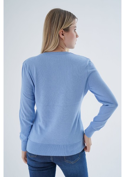 Kadın Mavi %100 Organik Pamuk V Yaka Triko Kazak Bluz TRIST-6102 fırsatları