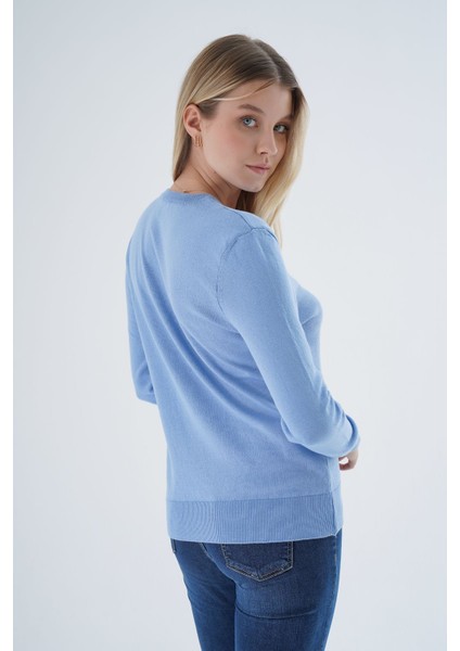 Kadın Mavi %100 Organik Pamuk V Yaka Triko Kazak Bluz TRIST-6102 indirimleri
