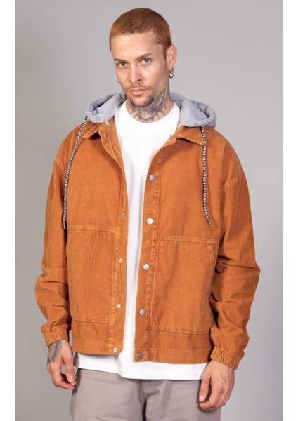 Erkek Camel Çıkarılabilir Kapüşonlu Oversize Pamuklu Kadife Ceket