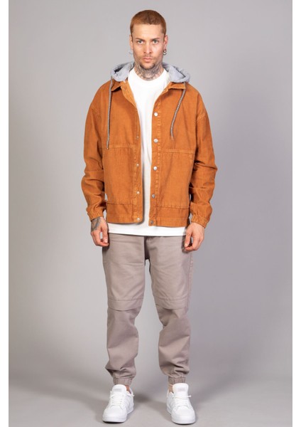 Erkek Camel Çıkarılabilir Kapüşonlu Oversize Pamuklu Kadife Ceket indirimleri