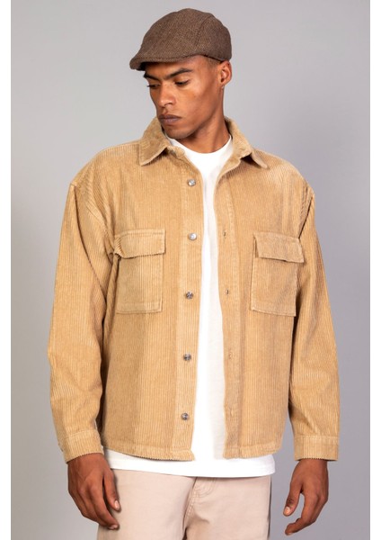 Erkek Bej Gömlek Model Oversize Pamuklu Kadife Ceket modelleri