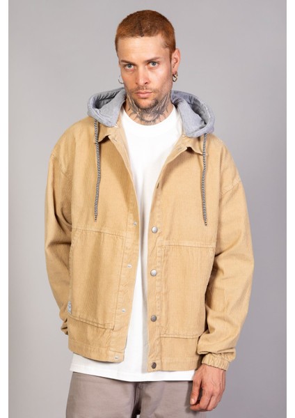 Erkek Bej Çıkarılabilir Kapüşonlu Oversize Pamuklu Kadife Ceket