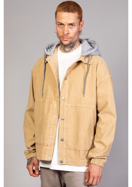 Erkek Bej Çıkarılabilir Kapüşonlu Oversize Pamuklu Kadife Ceket fiyatları