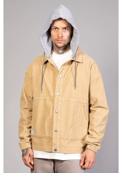 Erkek Bej Çıkarılabilir Kapüşonlu Oversize Pamuklu Kadife Ceket modelleri