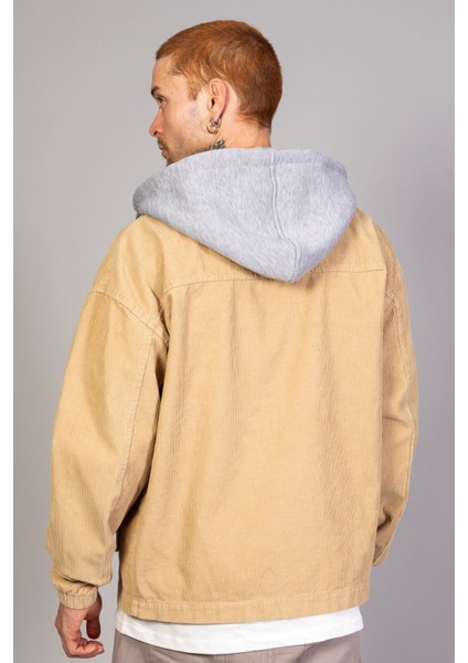 Erkek Bej Çıkarılabilir Kapüşonlu Oversize Pamuklu Kadife Ceket fırsatları