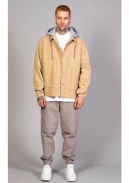 Erkek Bej Çıkarılabilir Kapüşonlu Oversize Pamuklu Kadife Ceket indirimleri