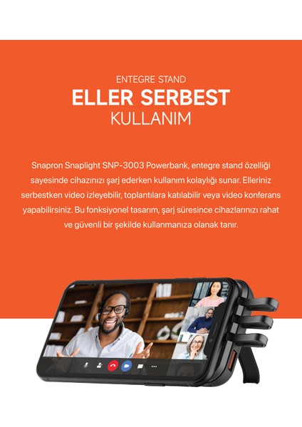 10.000 Mah Vantuzlu Wireless Standlı Powerbank Dahili Çoklu Kablo 3in1 Kablolu ve Kablosuz SNP-3003 Siyah