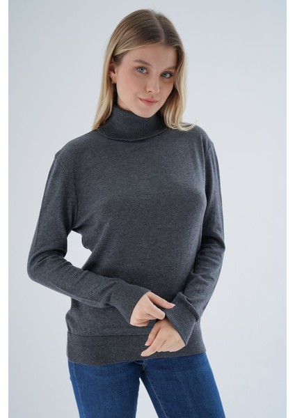 Kadın Antrasit %100 Organik Pamuk Balıkçı Yaka Triko Kazak TRIST-6103