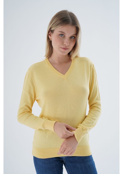 Kadın Sarı %100 Organik Pamuk V Yaka Triko Kazak Bluz TRIST-6102