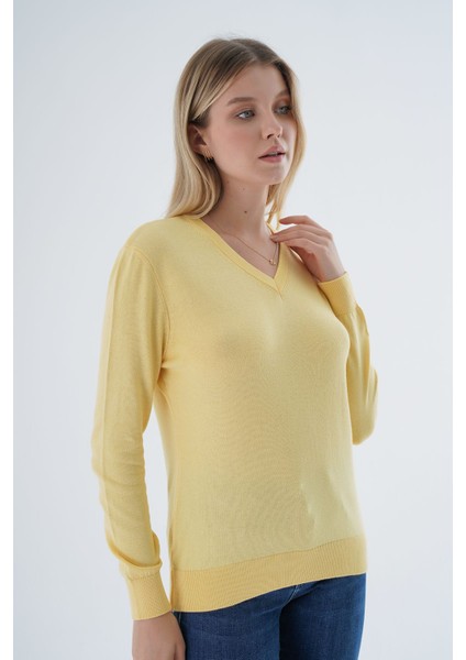 Kadın Sarı %100 Organik Pamuk V Yaka Triko Kazak Bluz TRIST-6102 fiyatları