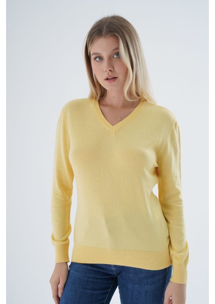 Kadın Sarı %100 Organik Pamuk V Yaka Triko Kazak Bluz TRIST-6102 modelleri