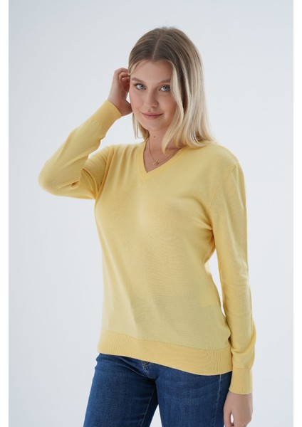 Kadın Sarı %100 Organik Pamuk V Yaka Triko Kazak Bluz TRIST-6102 fırsatları
