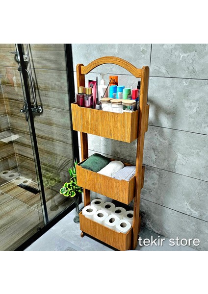 Tekir Store Banyo Düzenleyici 3 Raflı Ahşap Beyaz Çok Amaçlı Raf Dekoratif Açık Stant