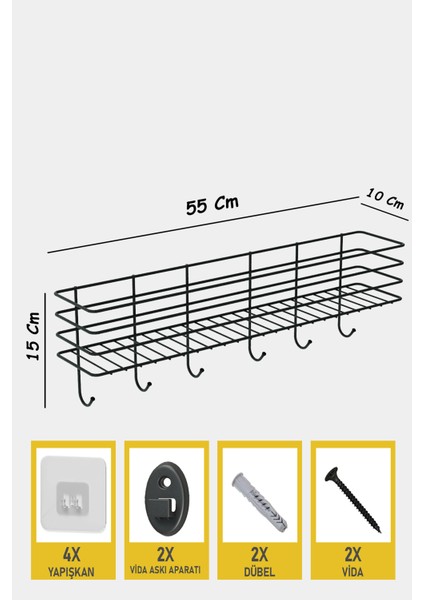 55 cm Askılı Mutfak Rafı Tezgah Üstü Düzenleyici Baharatlık Organizer Vidalı ve Yapışkanlı