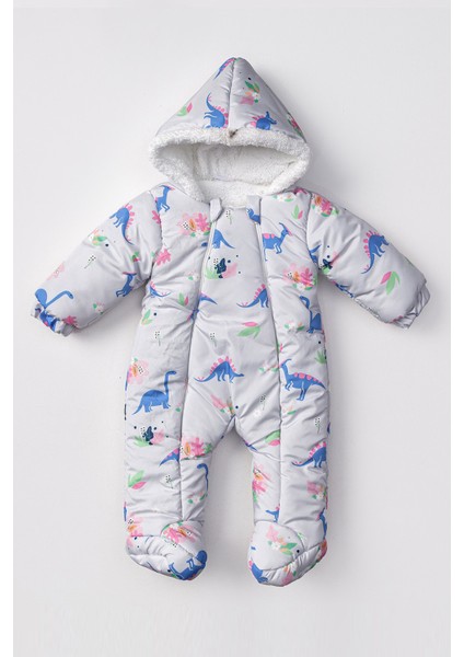 Çiçek ve Dinozor Desenli Içi Kürklü Patikli Kapüşonlu Kışlık Erkek Kız Bebek Astronot Tulum Kozmonot