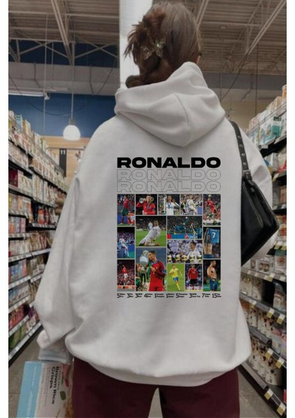 Ronaldo Baskılı Beyaz Kapşonlu Sweatshirt