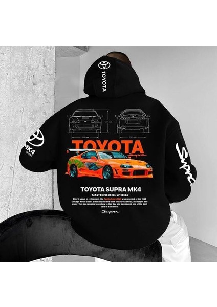 Toyota Supra Baskılı Siyah Kapşonlu Sweatshirt