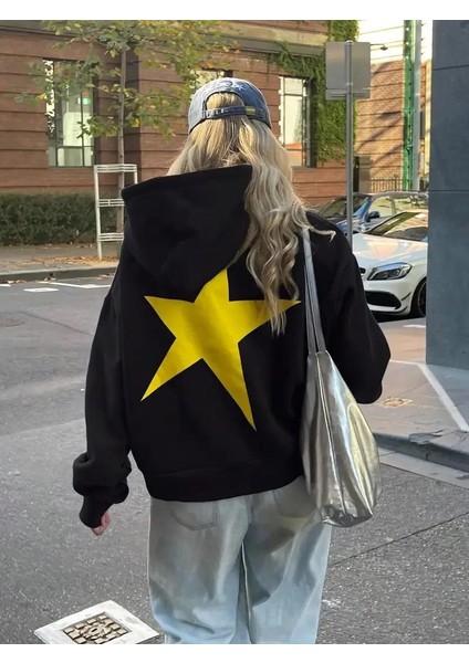 Y2K Star Baskılı Siyah Kapşonlu Sweatshirt
